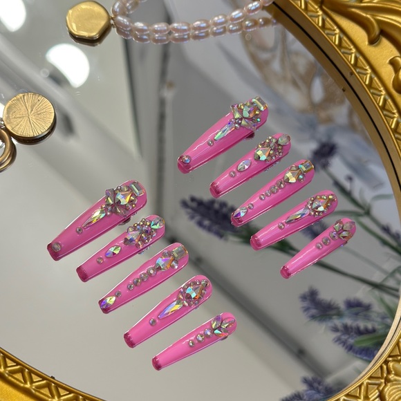 Long Pink Reinstone Handmade Press On Nails - Picture 3 of 5